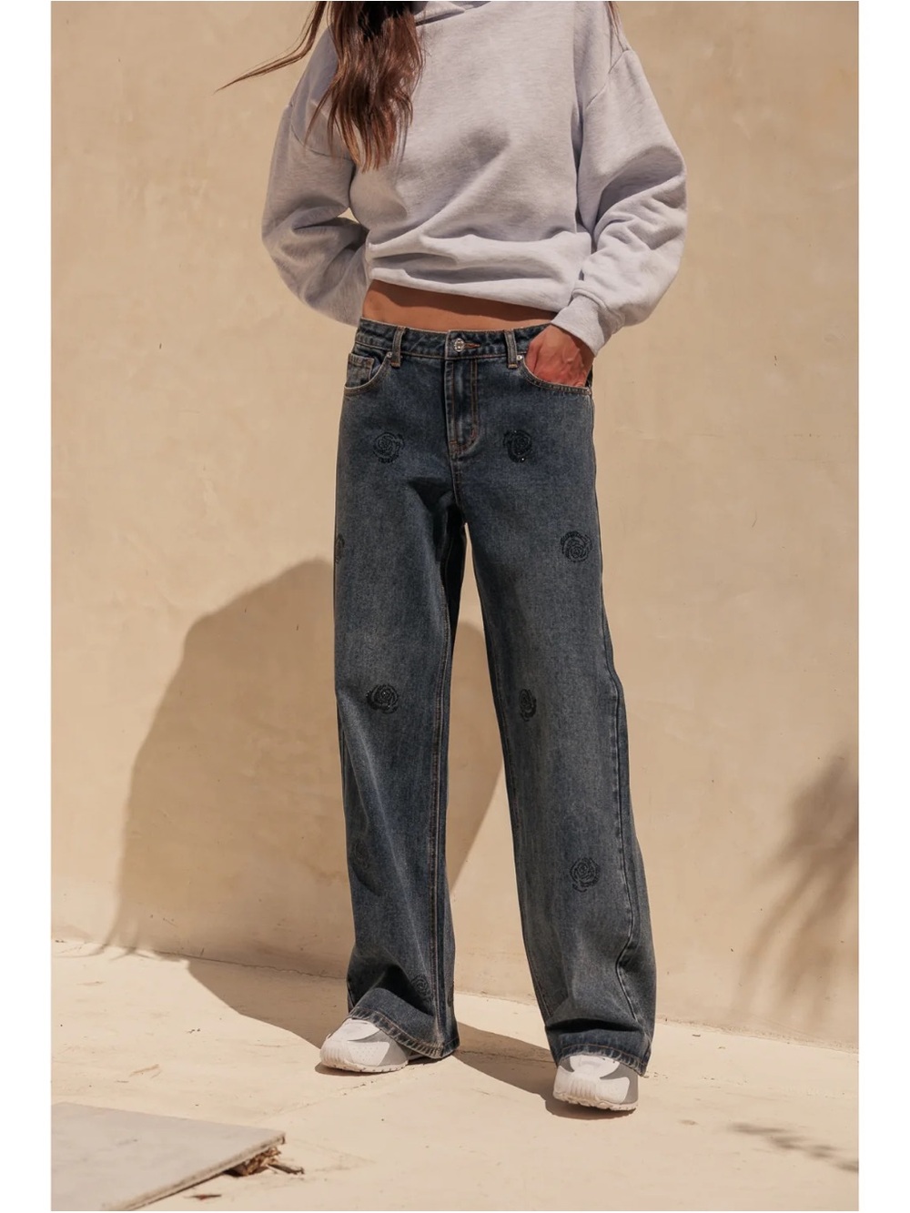 Rose Rhinestone Low Rise Slouchy Jean